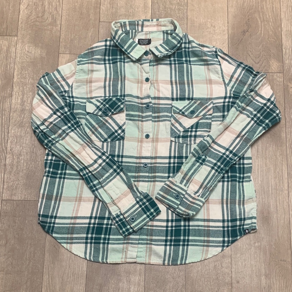 Volcom Mint Green and Teal Plaid Button-Down Shirt